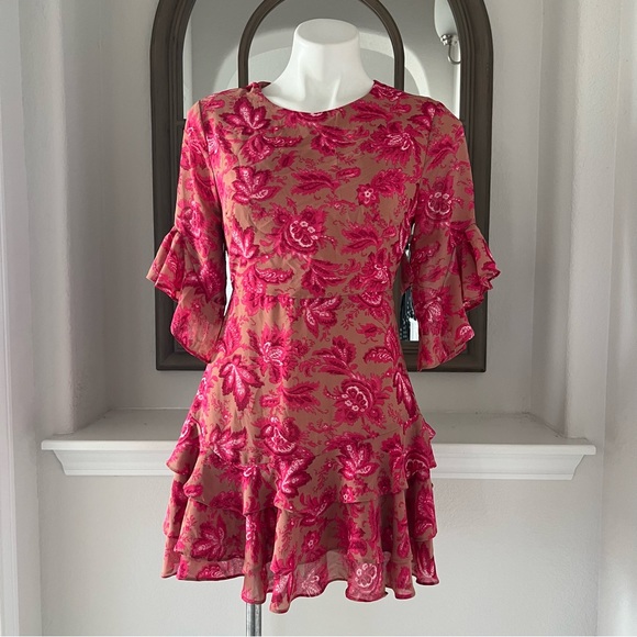 🚫Sundae Muse Christy Mini Tiered Dress, Floral Pink on Nude, Size 8 - Picture 5 of 14